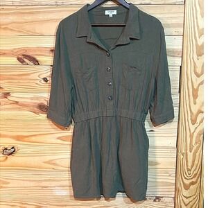 Umgee Linen Cotton Olive Green Button Down Mini Dress 3/4 Sleeve Womens Medium